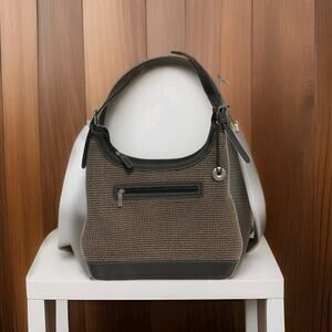 The Sak Shoulder Bag Tan Crochet With Brown Trim And Adjustable Strap SAK Fob